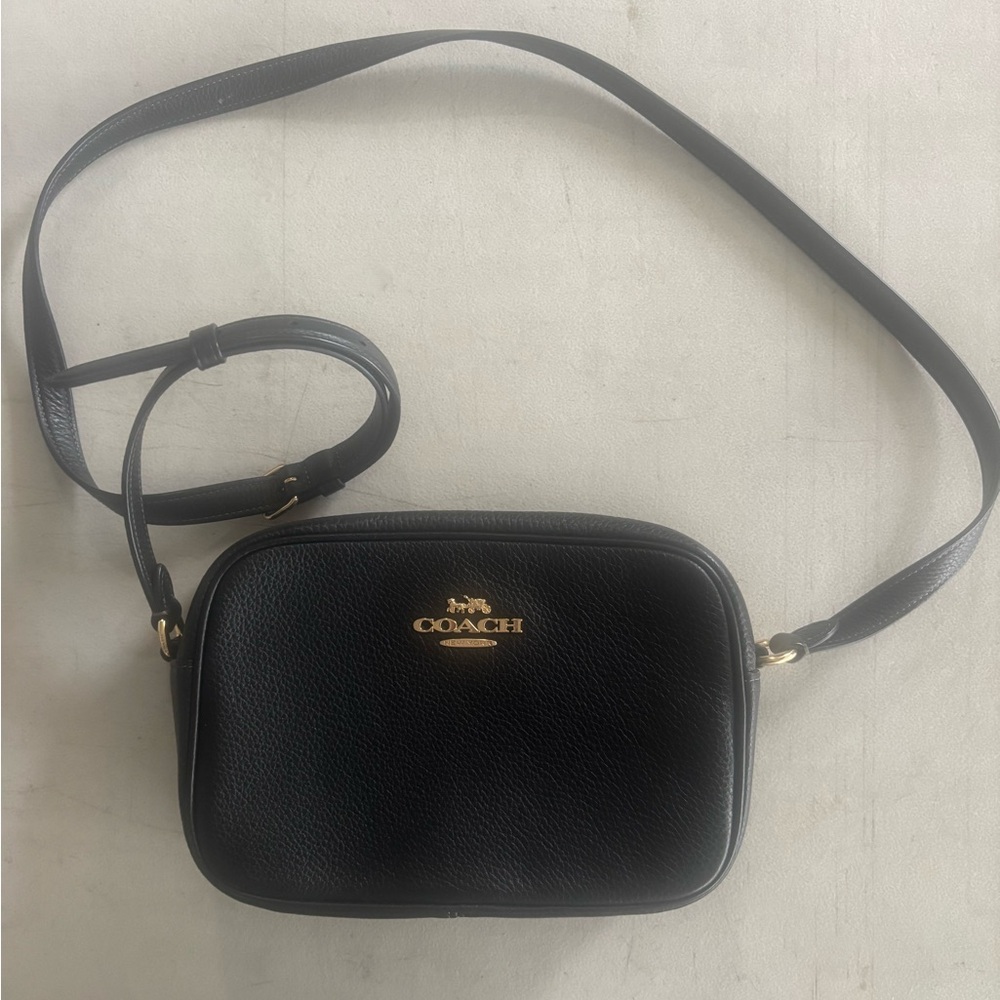 COACH Black Pebbled Leather Crossbody Camera Bag with Gold Logo